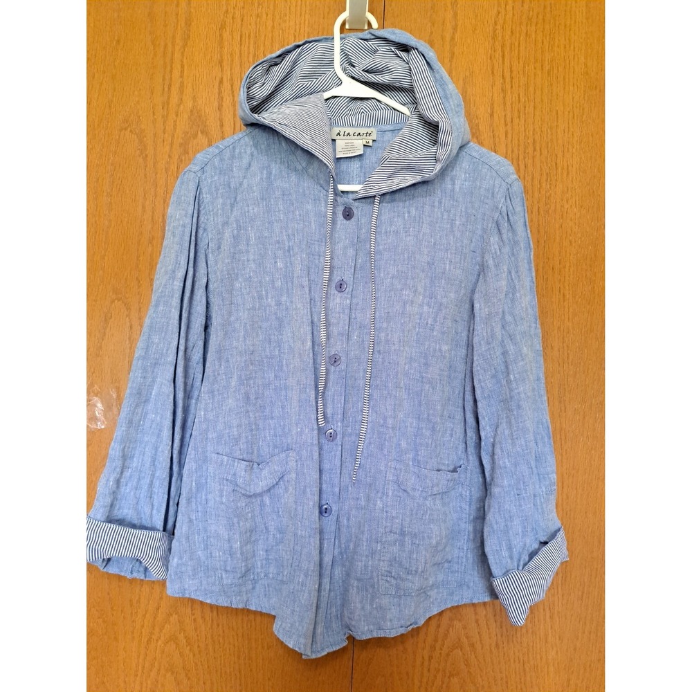 Women's 100% Linen Button-Up Hooded Shirt Blouse Top M Pockets A' La  Carte